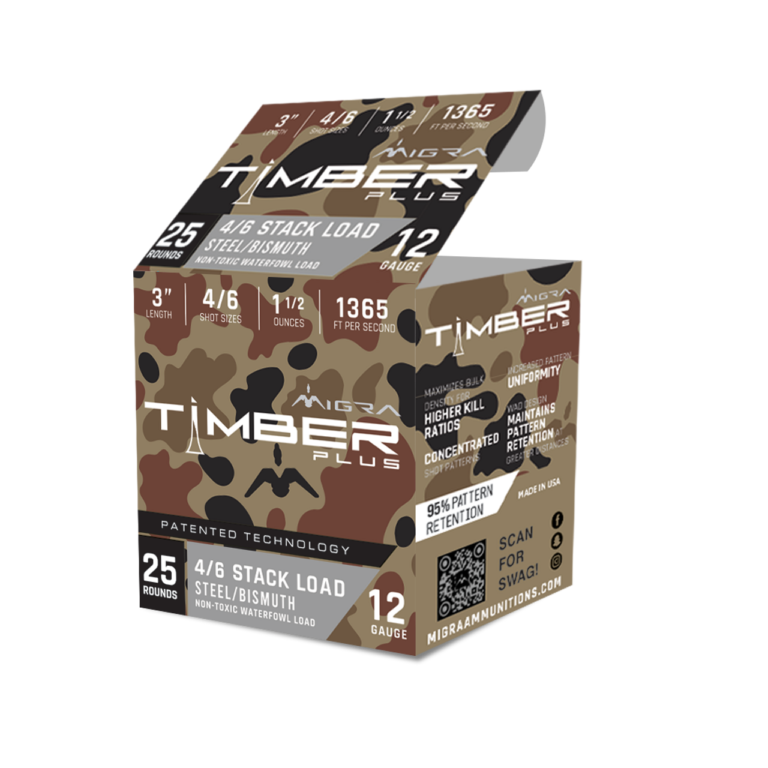 Product packaging for Migra Timber Plus steel shots for hunting waterfowl.